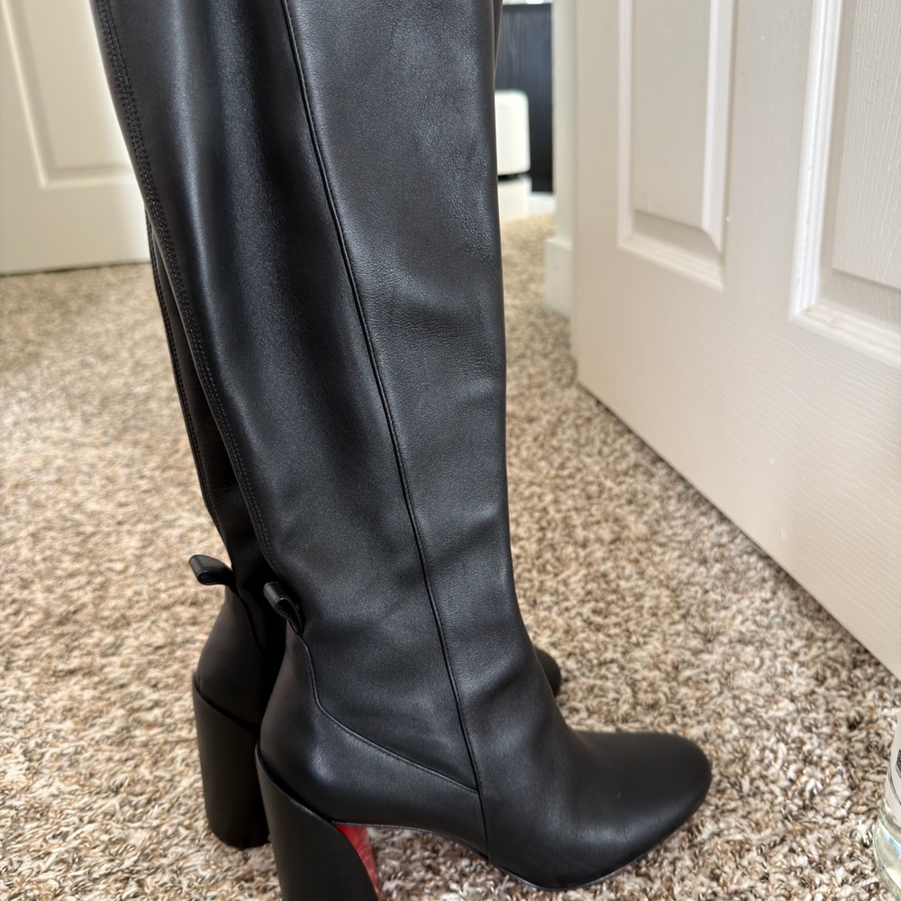 Christian Louboutin Black Knee-High Leather Boots with Red-Soled Block Heel - Picture 2 of 6